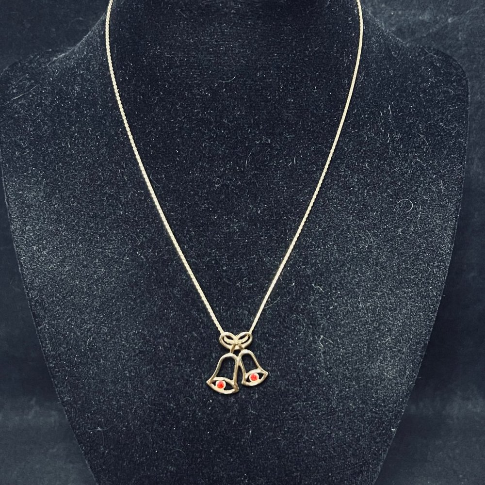 Avon Gold Tone Necklace With Red Rhinestone Christmas Bells Pendant (4717)